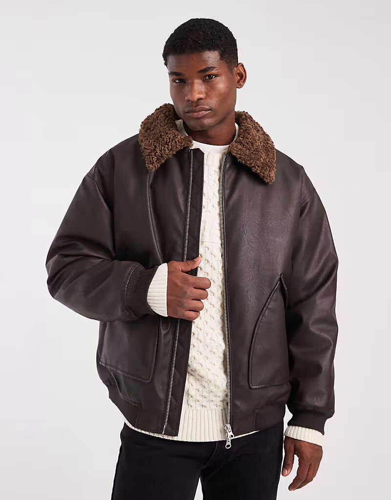 

Куртка-тренер из искусственной кожи с воротником «борг» коричневого цвета Asos Design