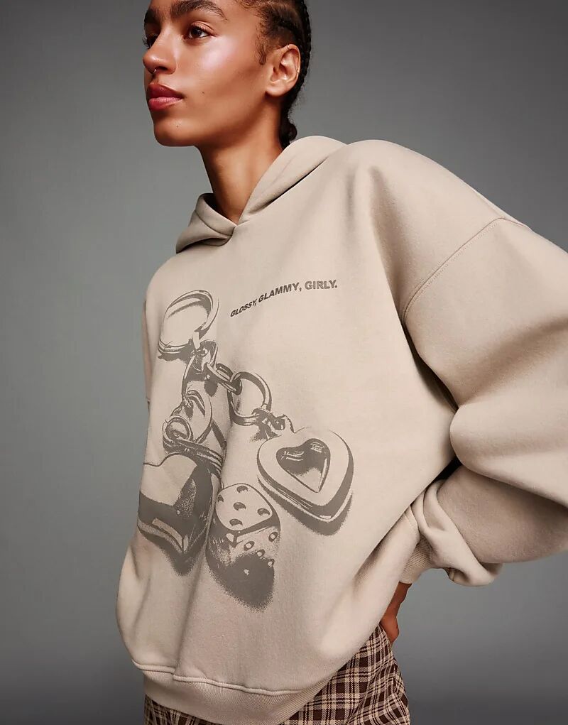 

Толстовка Bershka с принтом на молнии светло-серого цвета