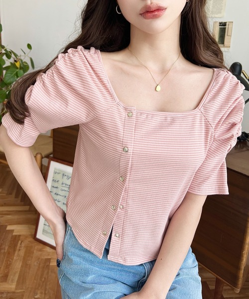 

Футболка асимметричная с квадратным вырезом и полосками, короткий рукав Moment+, розовый