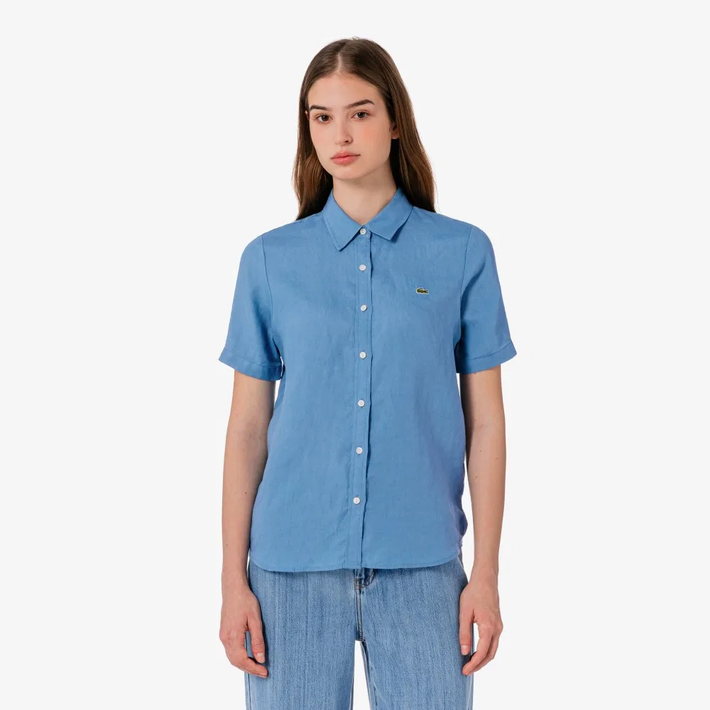 Рубашка Lacoste льняная женская бирюзовая с коротким рукавом — фото 4