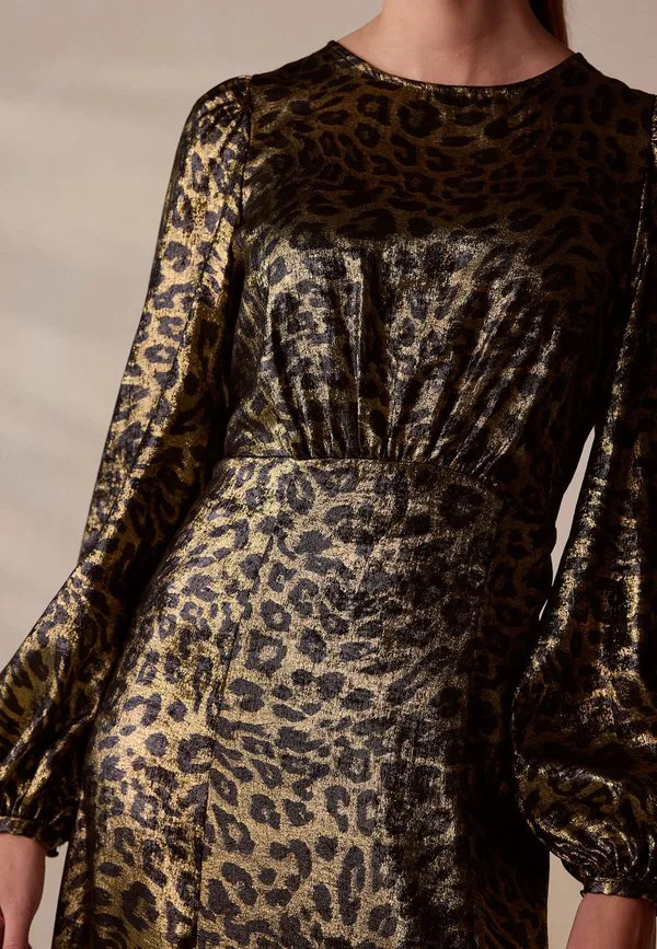 Платье-Миди средней длины с длинными рукавами, прямого кроя. Next, Gold Leopard Print — фото 3