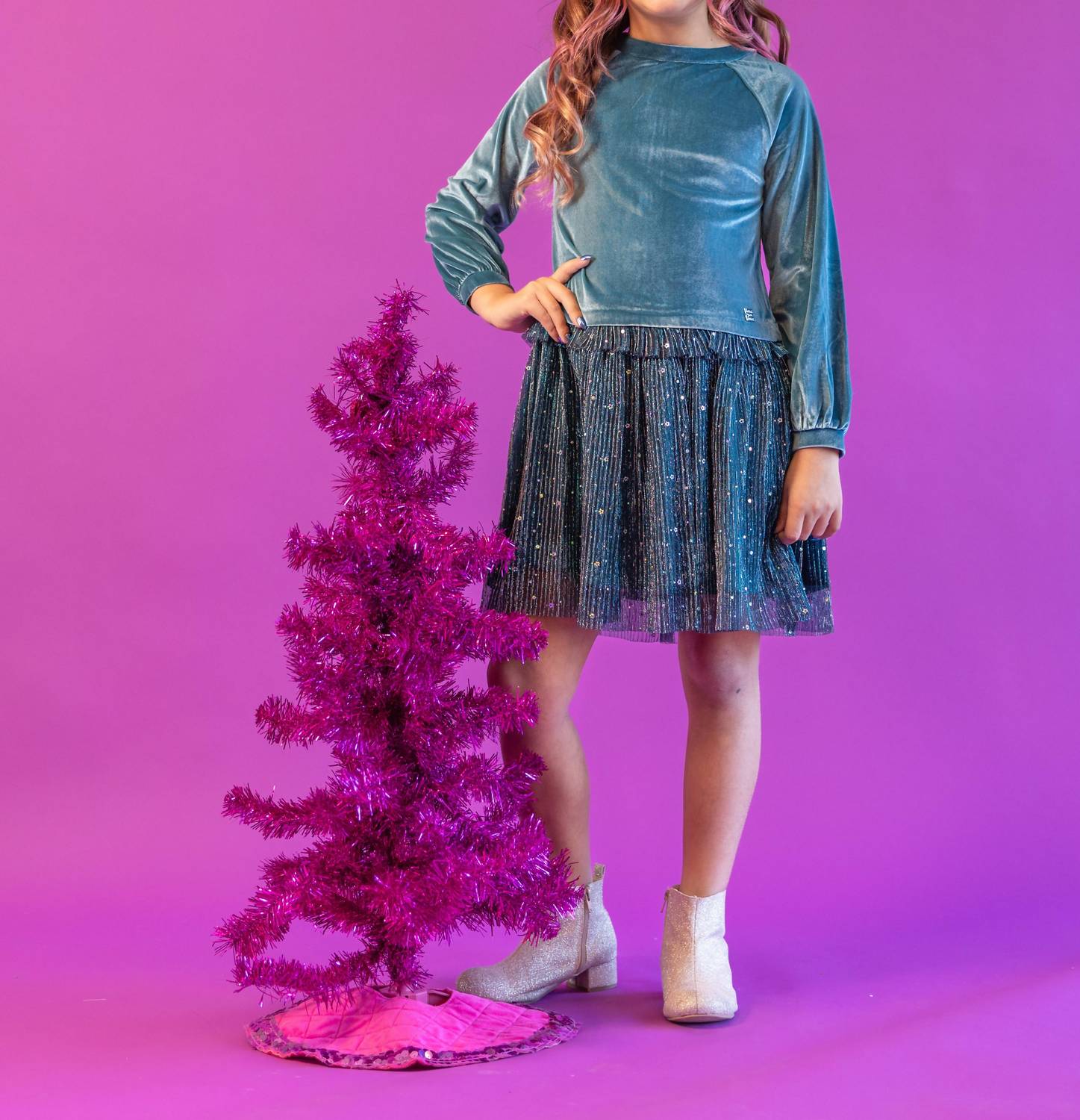 

Deux par Deux Детское двухслойное бархатное платье с плиссированной сеткой бирюзового цвета