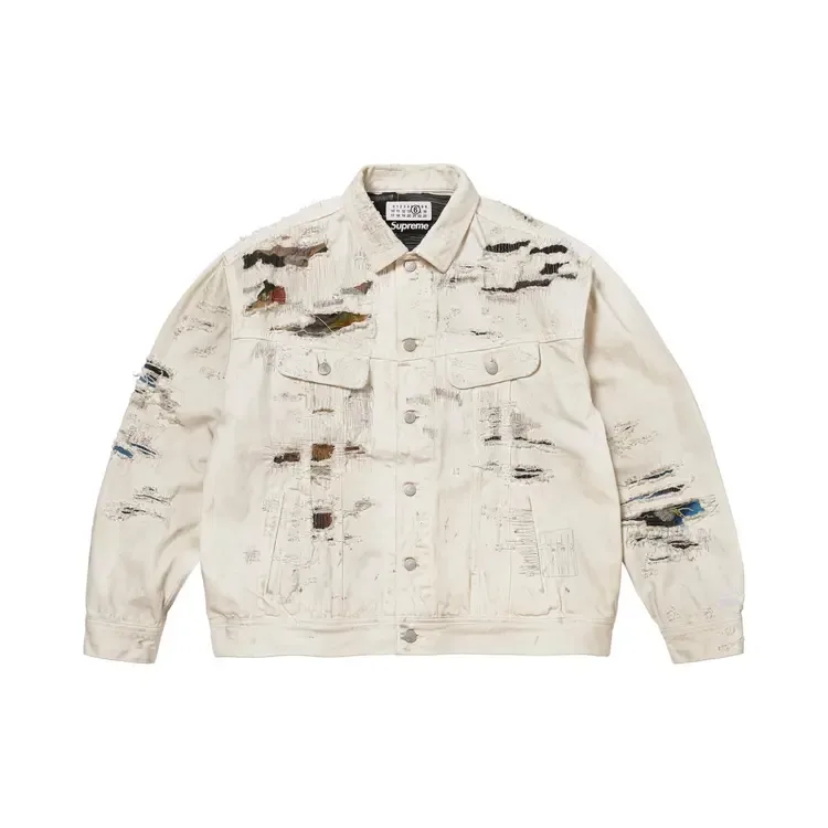 Джинсовая куртка Supreme x MM6 Maison Margiela из рваного денима с кромкой, цвет «белый»