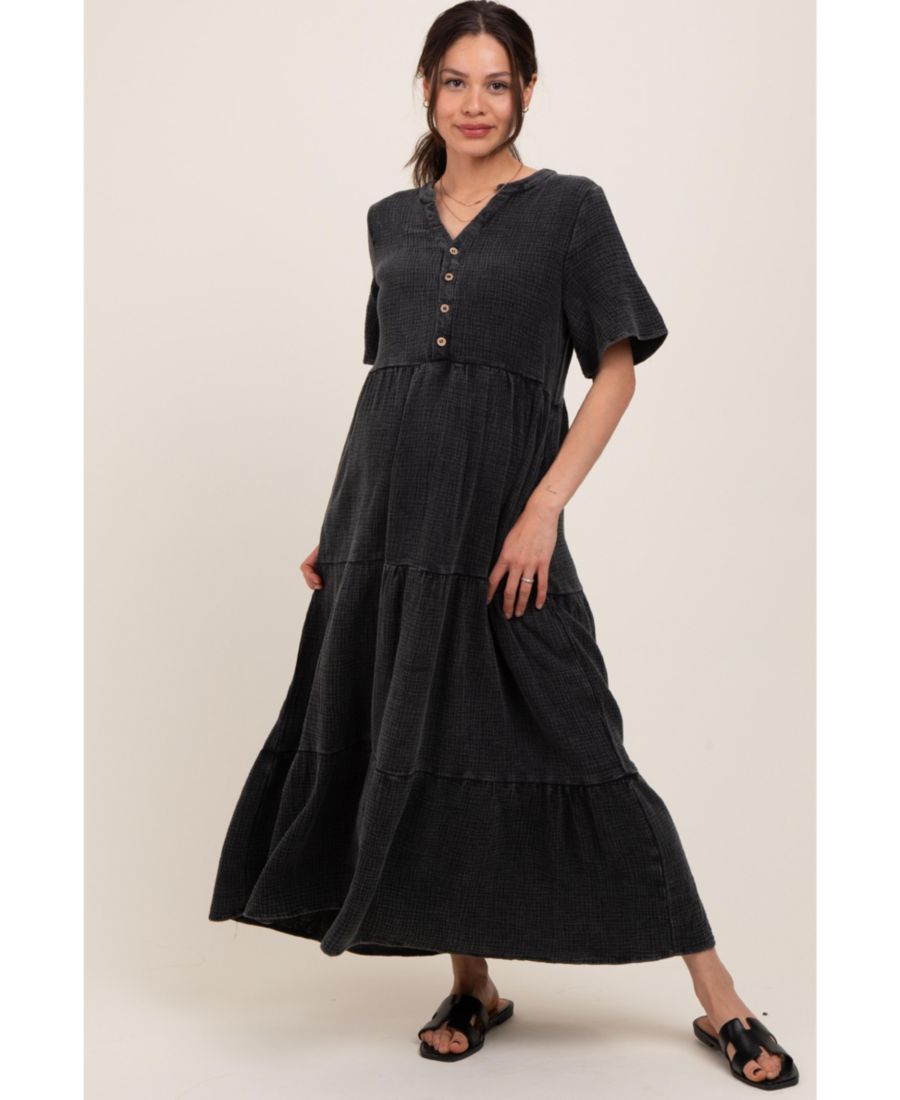 

Черное макси-платье для беременных с пуговицами спереди и ярусным кроем Pinkblush, Black