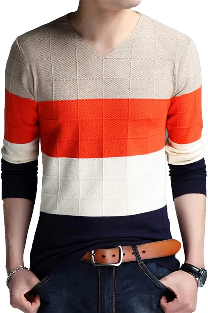 

Мужской осенний свитер с длинным рукавом Slim Fit V-образным вырезом и полосками внизу Zadaos