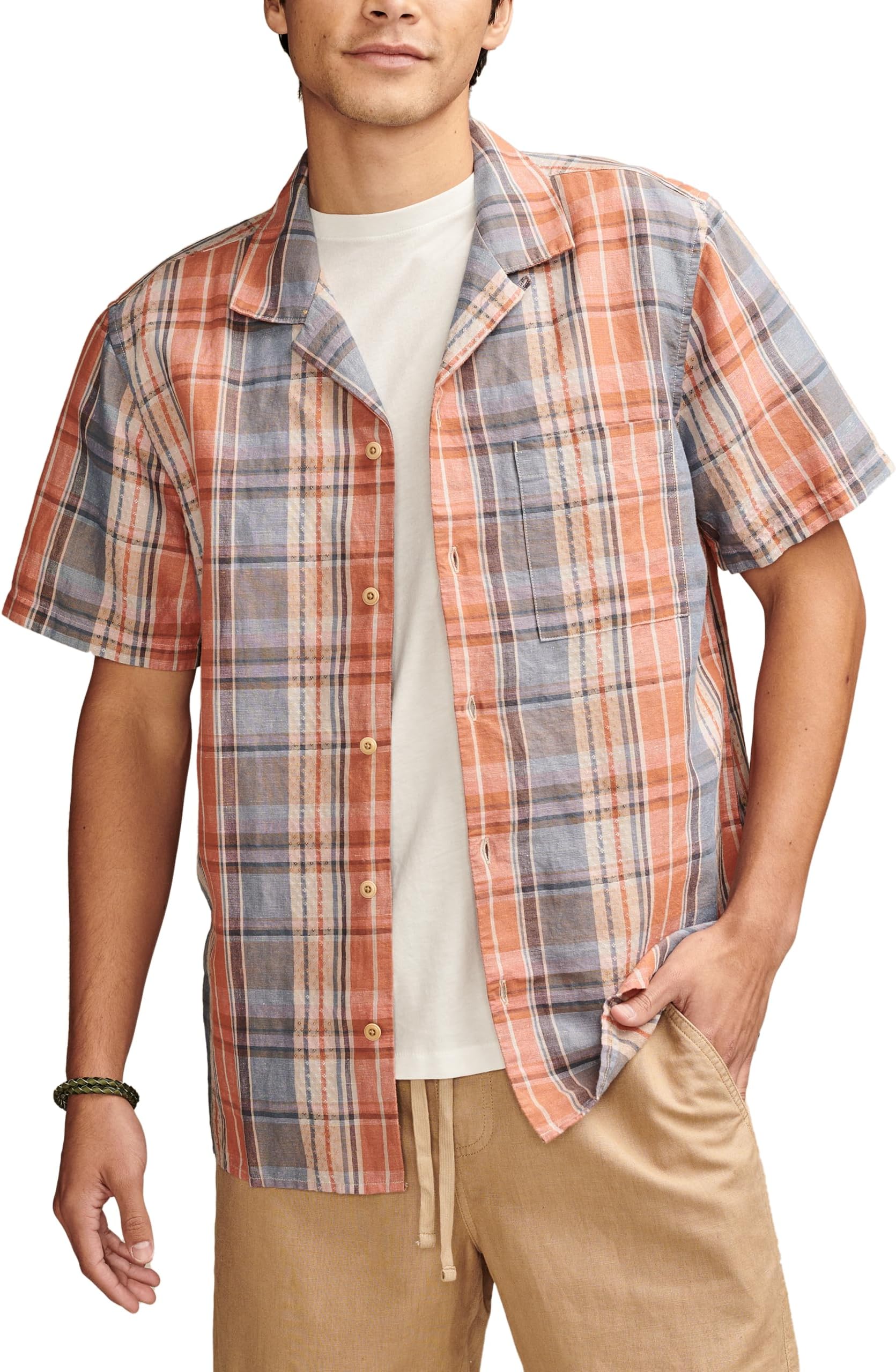 

Рубашка Lucky Brand Plaid Linen Camp Shirt, цвет Orange Plaid