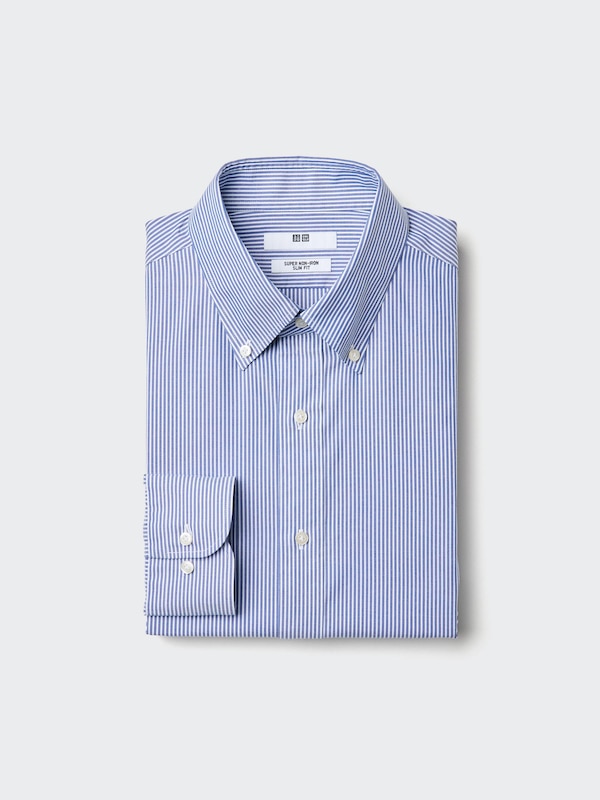 

Рубашка slim fit non-iron, button-down (полоска) Uniqlo, 66 blue