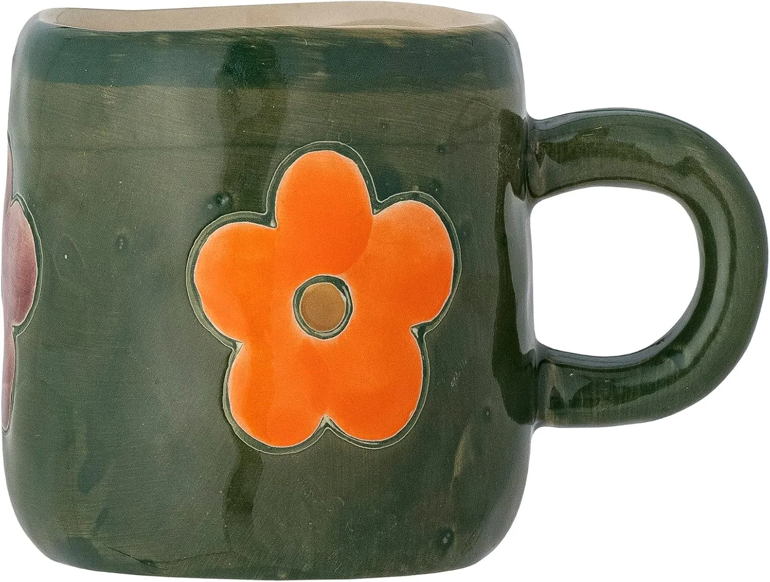 Детская кружка Bloomingville MINI Addy 82060484, 130 мл, Dark Green Stoneware, с цветочным мотивом, ручная роспись, для маленьких ручек, безопасна для микроволновки и посудомойки