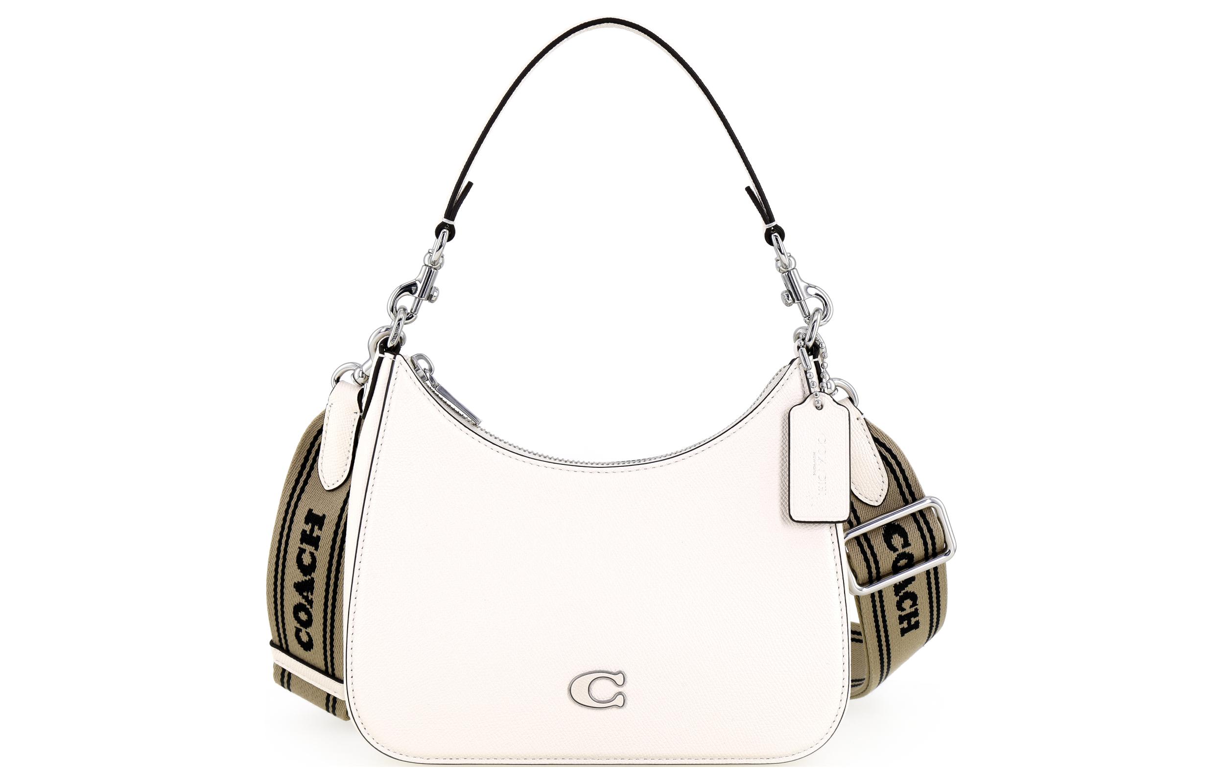 

COACH Сумка-хобо из холста с кожаным ремешком в форме полумесяца, сумка через плечо, женская сумка среднего размера, белая