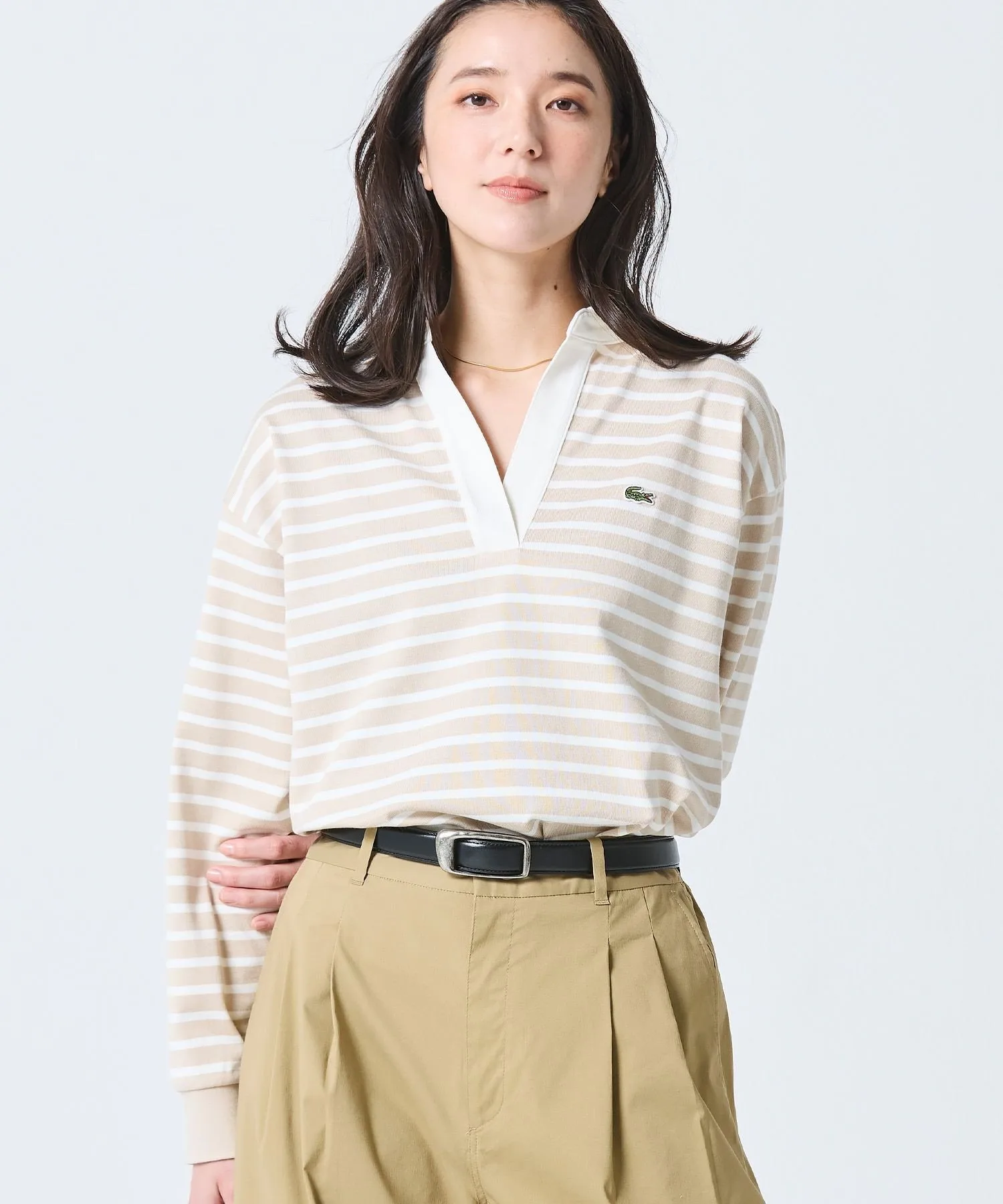 Рубашка регби LACOSTE Beige с воротником-стойкой