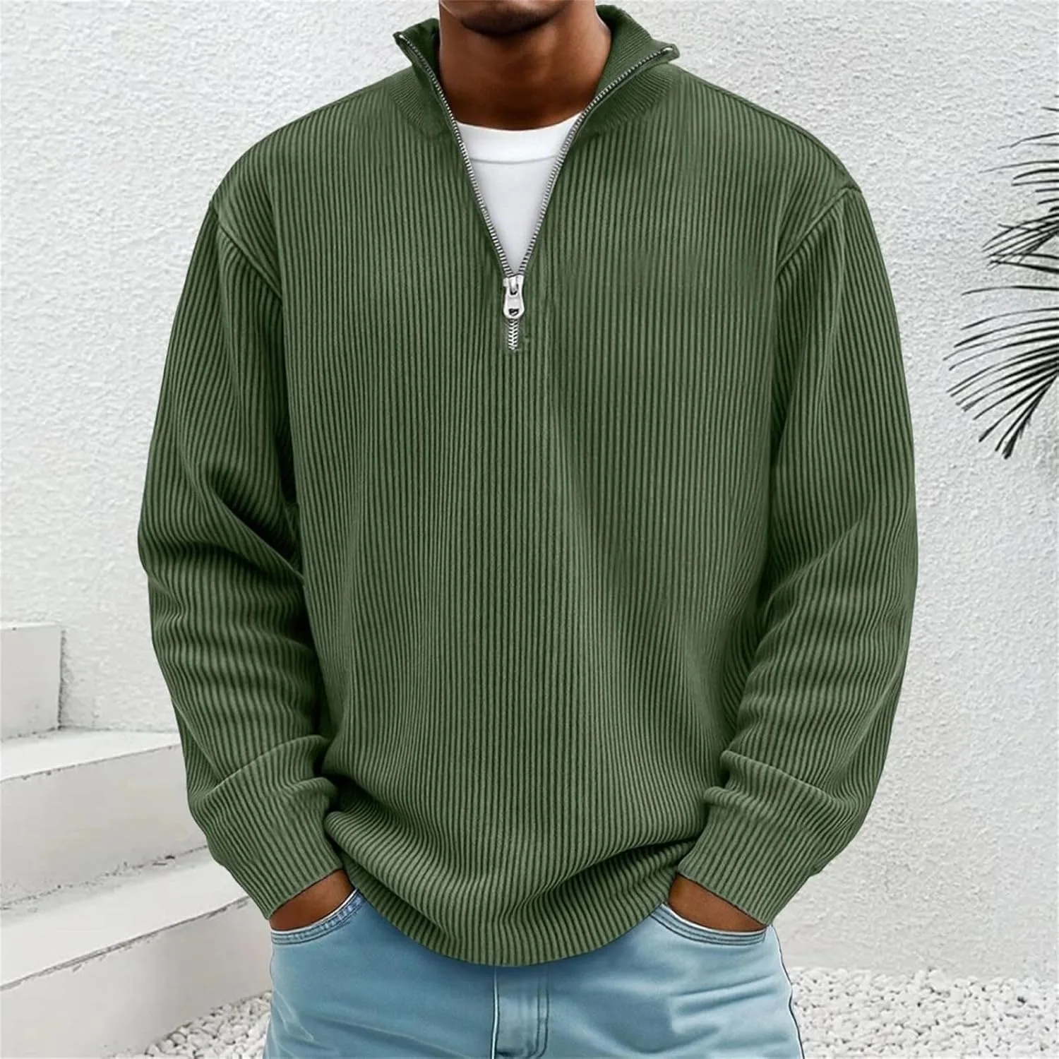 Мужской пуловер с воротником стойкой и молнией на четверть, Casual Textured — фото 2