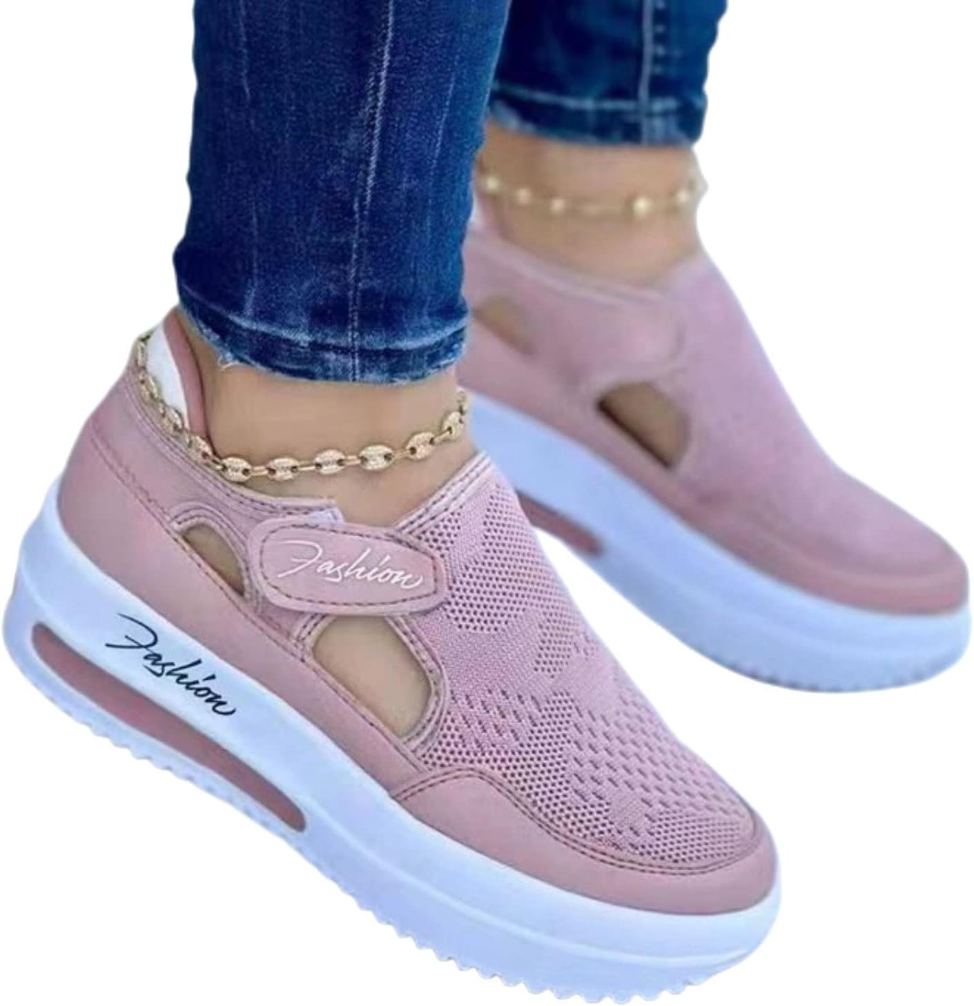 

Женские кроссовки для ходьбы из вязаной сетки, дышащие ортопедические туфли, слипоны на платформе, удобные лоферы с круглым носком, застежкой на пряжку и липучкой, туфли Wabkderpu, розовый