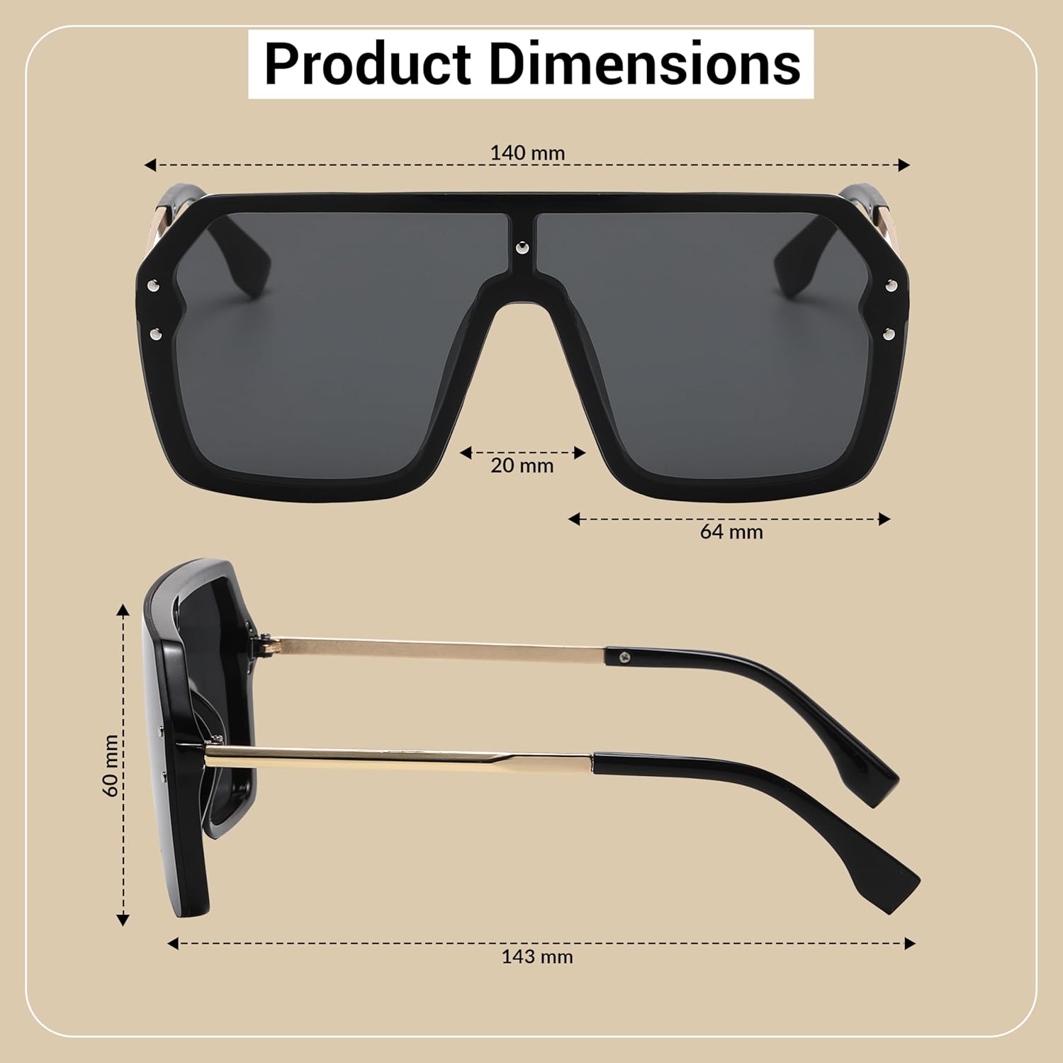 

Классические солнцезащитные очки OWL увеличенного размера для женщин и мужчин | Линзы UV400 | Модные и стильные цельные очки с плоским зеркальным верхом | Без оправы | Комплект из 2 штук, Black, Beige
