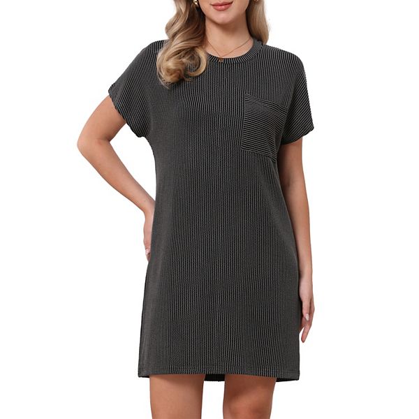 

Полосатое платье-футболка с круглым вырезом и короткими рукавами Inspire Chic, Dark Gray