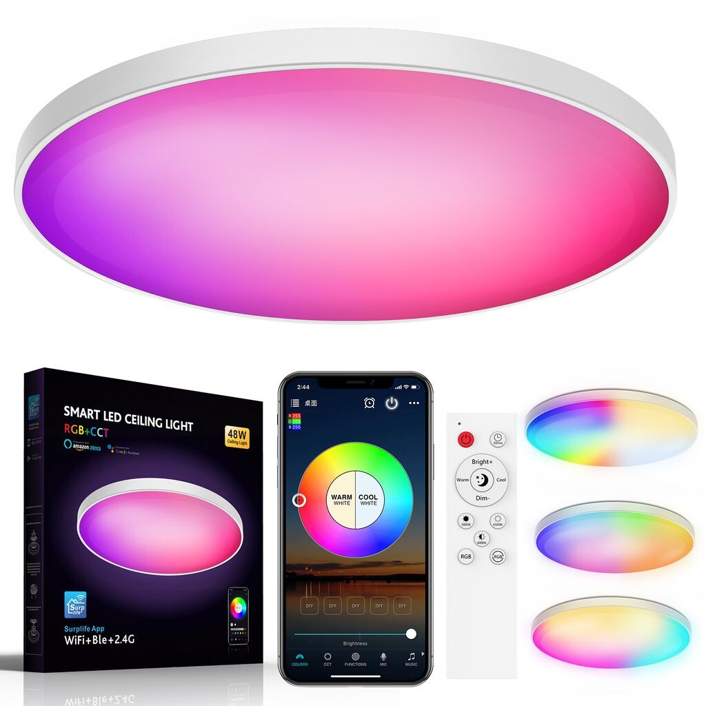 

Светодиодный потолочный светильник RGB Круглый умный потолочный светильник с дистанционным управлением Управление через приложение с регулируемой яркостью Совместимость с Alexa Google Home 48 Вт для спальни, гостиной, детской комнаты lapamax