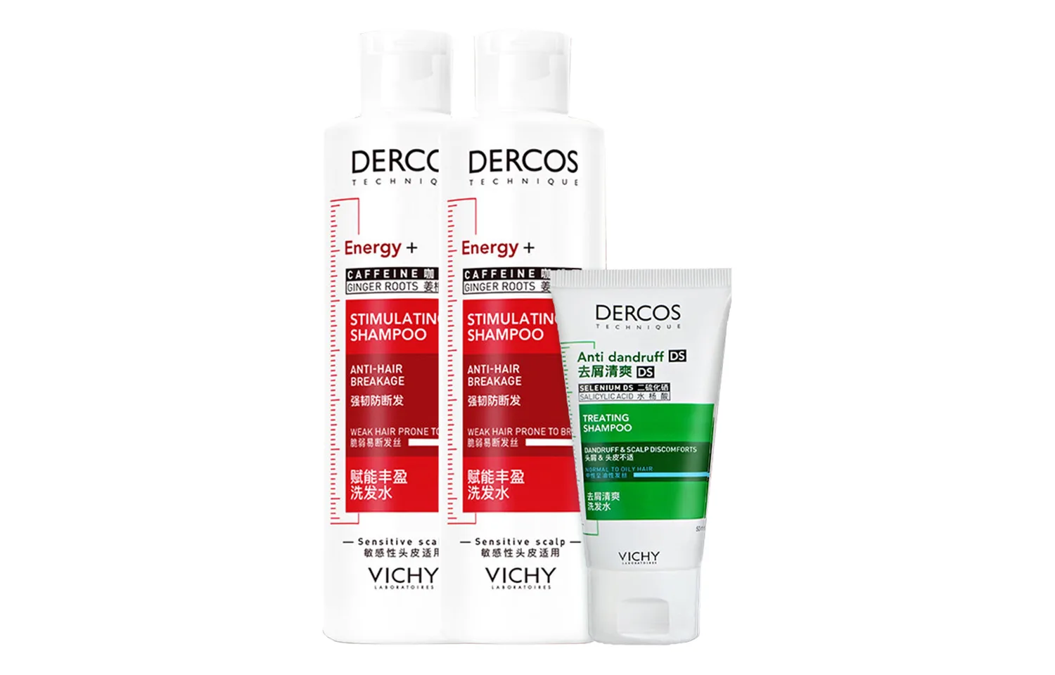Vichy Шампунь для объема и очищения с мятой 50 мл + 200 мл + 200 мл, Three-Piece Set: Dandruff Treatment Refreshing Shampoos 50ml+Empowering Plumping Shampoos 200ml*2