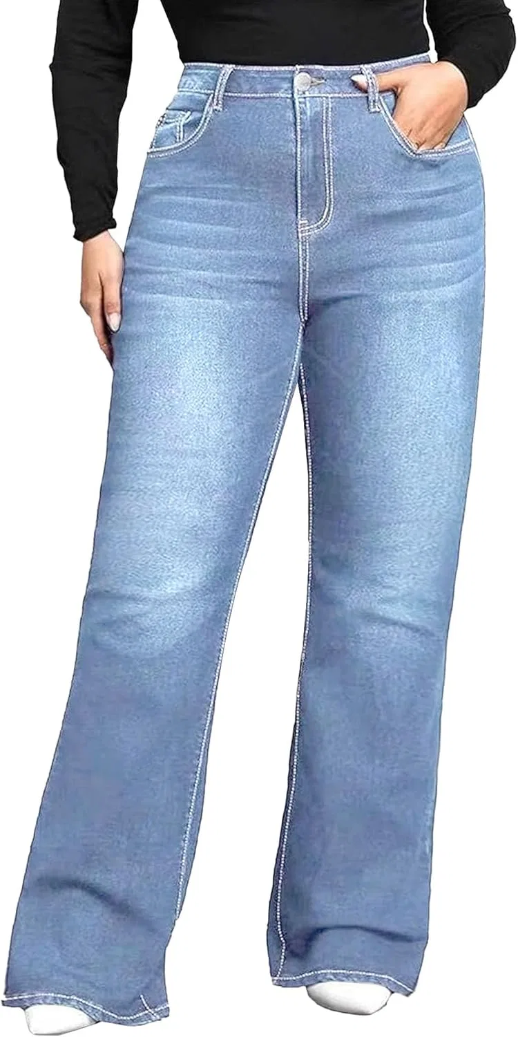 Джинсы клеш, высокие, Plus Size, синие