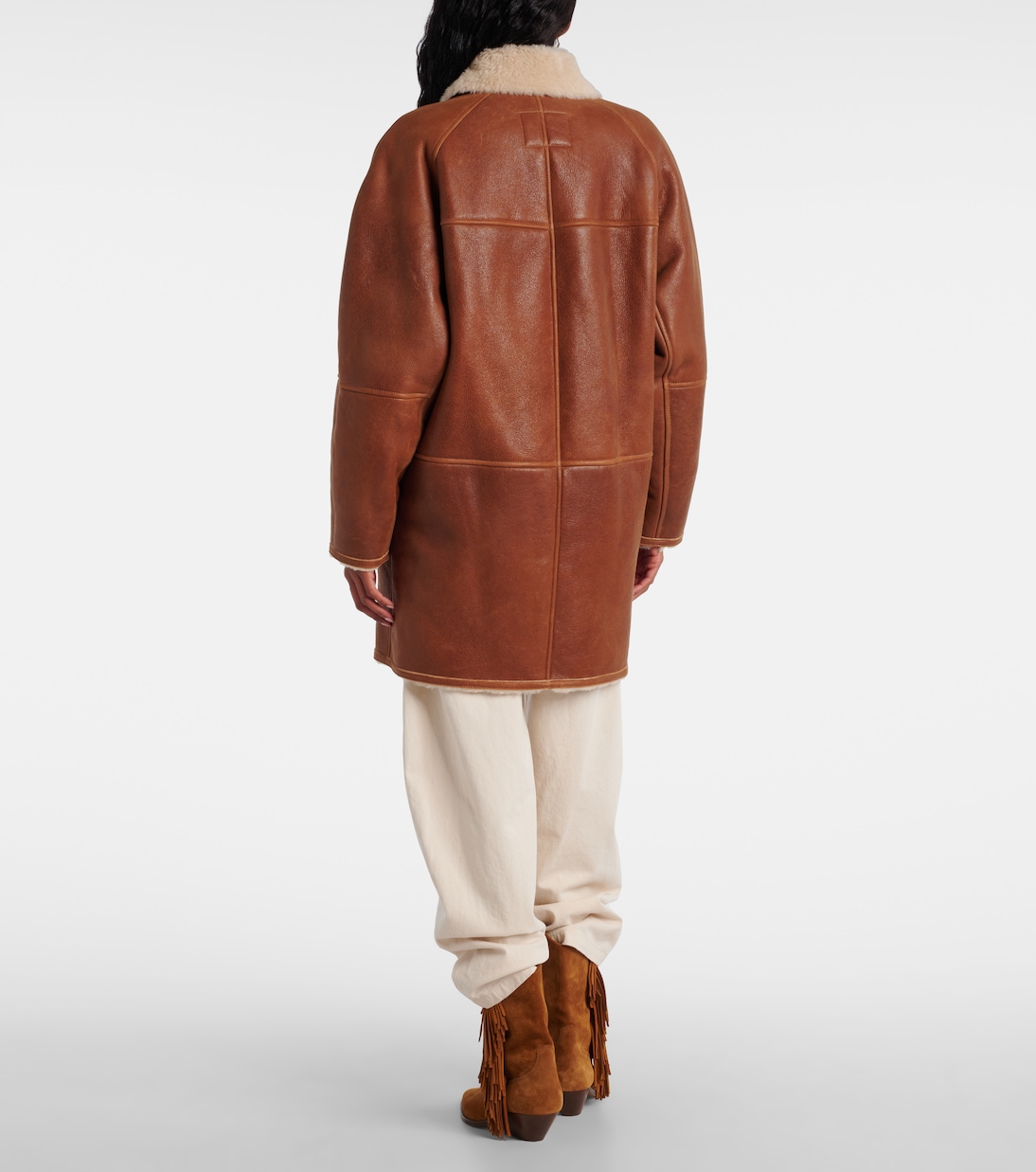 Кожаное пальто Berthie с отделкой из овчины Isabel Marant, Cognac — фото 3