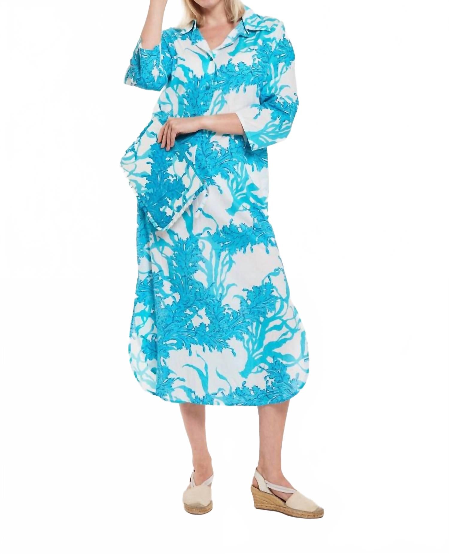 

Габриэлла Макси Кафтан Рубашка Платье в Большом Коралловом Белом Синем MODAPOSA