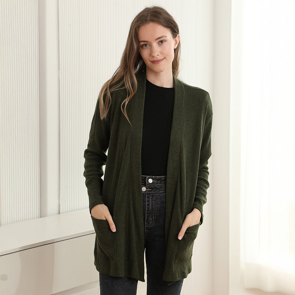 

Однотонный трикотажный кардиган в рубчик с открытой передней частью и карманами TRUEDAMES, зеленый