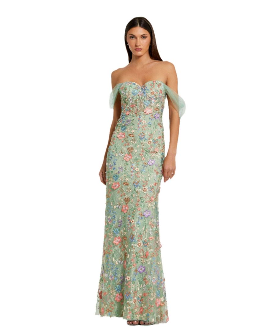 

Женское платье-бюстье с открытыми плечами и вышивкой из сетчатой ткани Mac Duggal, Sage multi