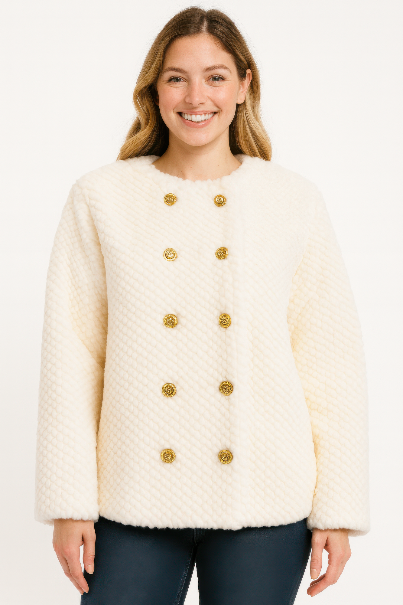 

Текстурированная двубортная куртка из искусственной овчины Truedames, слоновая кость