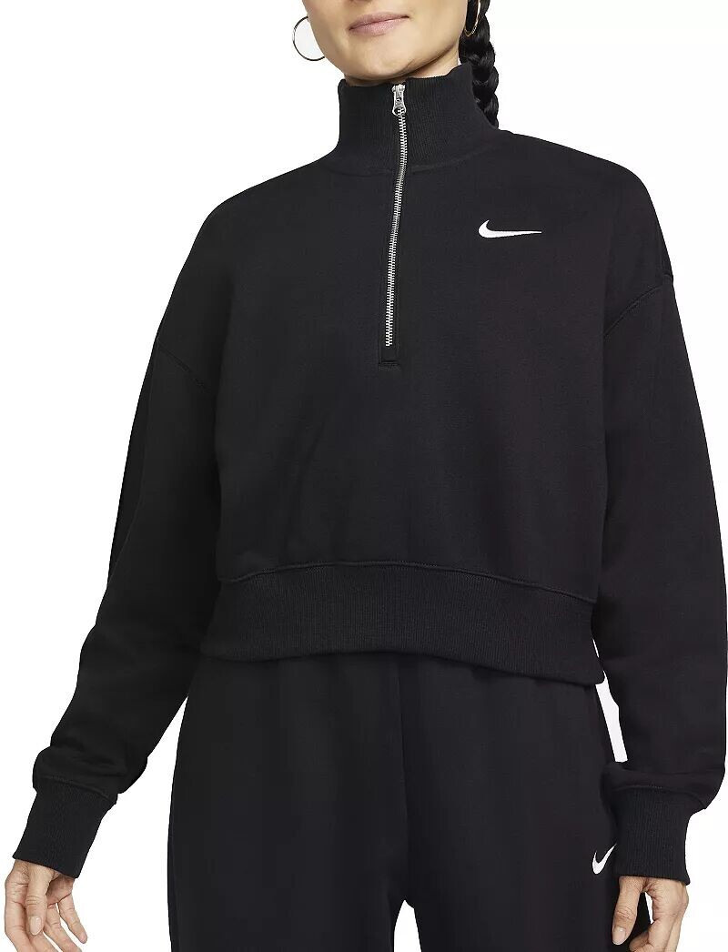 

Женский укороченный укороченный свитшот с молнией 1/2 Nike Sportswear большого размера из флиса Phoenix, черный