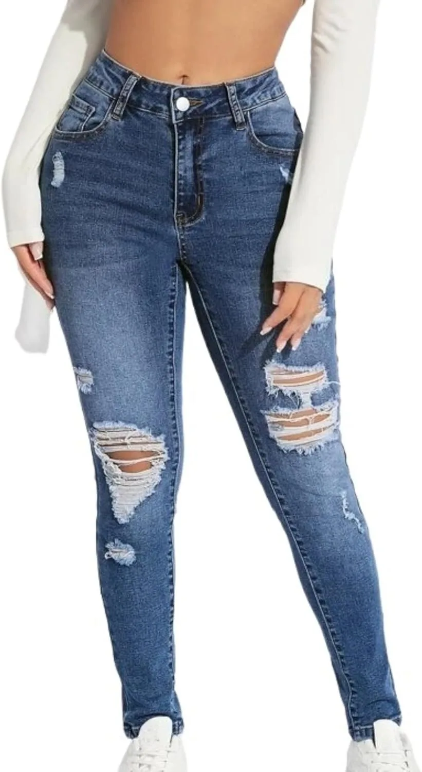 

Женские джинсы slim с потертостями и дырками high waist Zylphorix