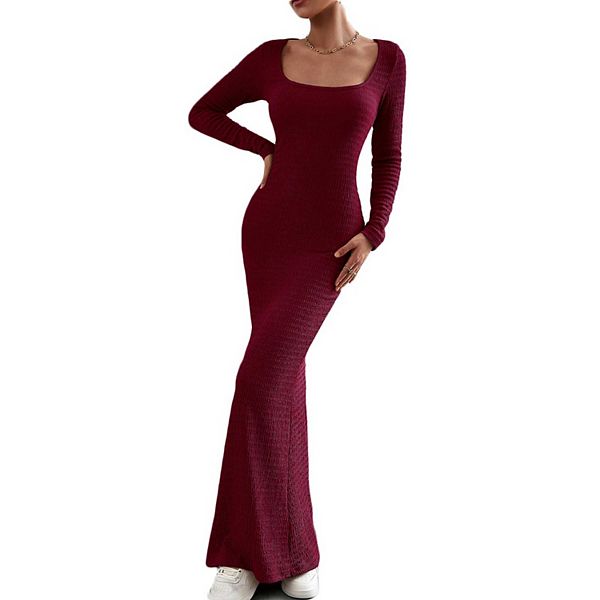 

Женское платье-макси с квадратным вырезом и длинными рукавами, облегающее трикотажное платье-свитер Clearflower, Wine Red
