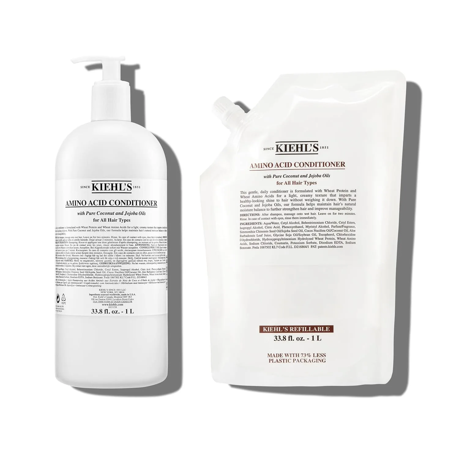 Kiehl's Amino Acid Conditioner Duo, укрепляющий и увлажняющий уход для волос с аминокислотами, маслом жожоба и кокоса для улучшения укладки и блеска, набор