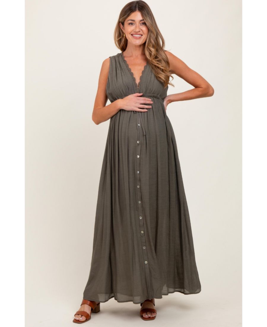 

Оливковое длинное платье для беременных с глубоким V-образным вырезом, без рукавов, на пуговицах Pinkblush, Olive green