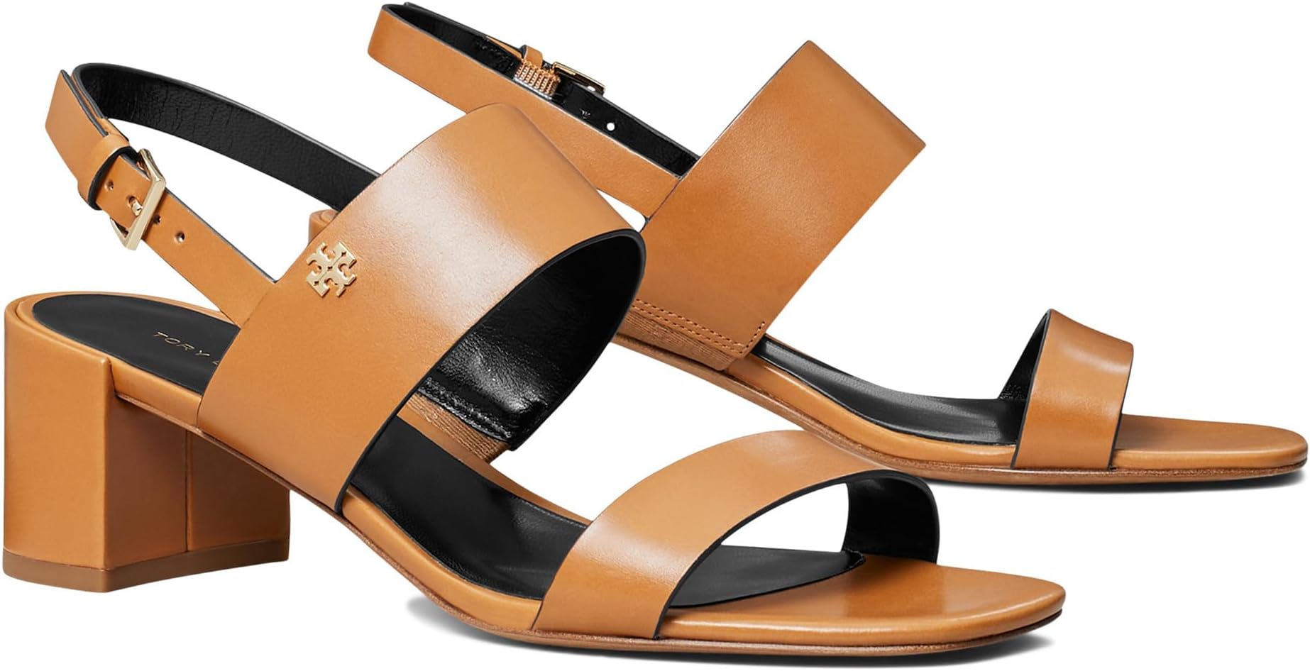 Туфли Tory Burch Women's 50 mm Double T Heel Sandals, Caramel Corn/Perfect Black