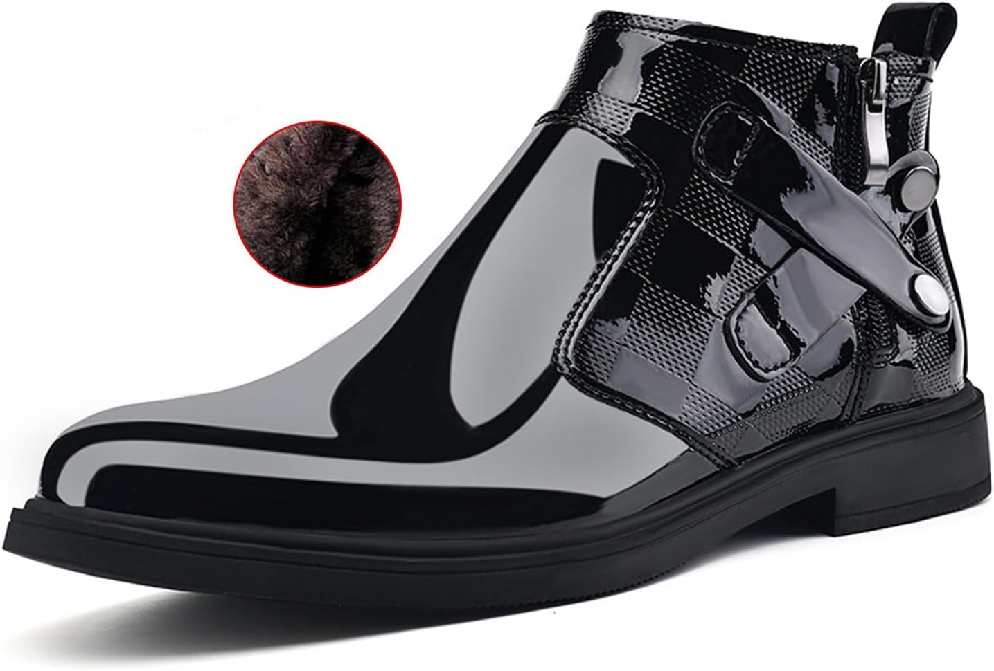 

Мужские лакированные ботинки челси на массивном каблуке с боковой молнией, ретро-стиль, закругленный каблук, квадратная текстура, теплая плюшевая подкладка, деловые, формальные, короткие ботинки Nelsbrex, черный