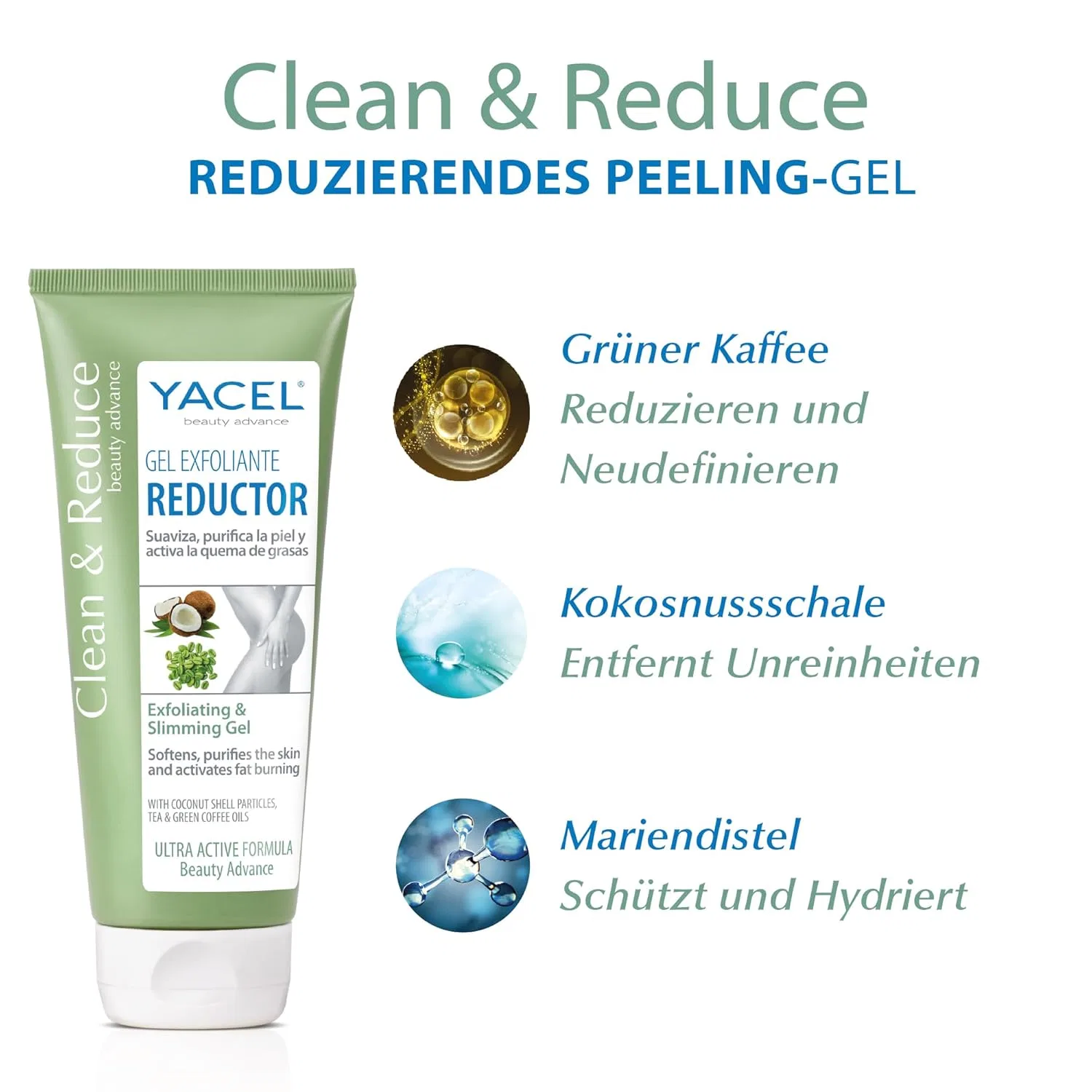 Отшелушивающий редуцирующий гель Yacel Clean & Reduce с кокосовой скорлупой, маслом чая и зеленого кофе, 200 мл Yacel — фото 3
