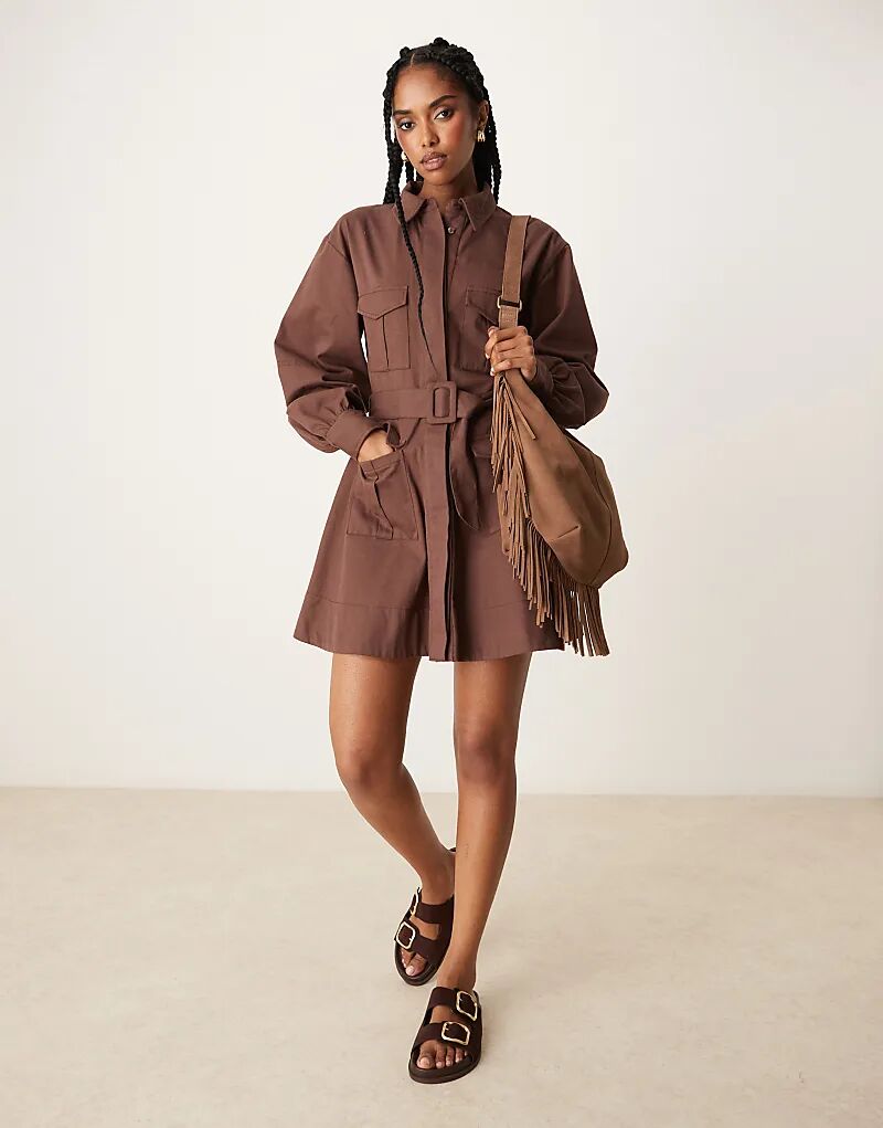 

Платье-рубашка мини ASOS DESIGN в стиле милитари с поясом шоколадного цвета