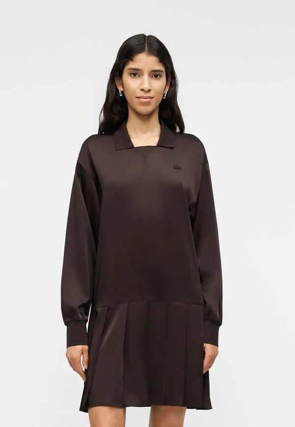 Платье Lacoste Brown, Сатиновое повседневное платье с V-образным вырезом