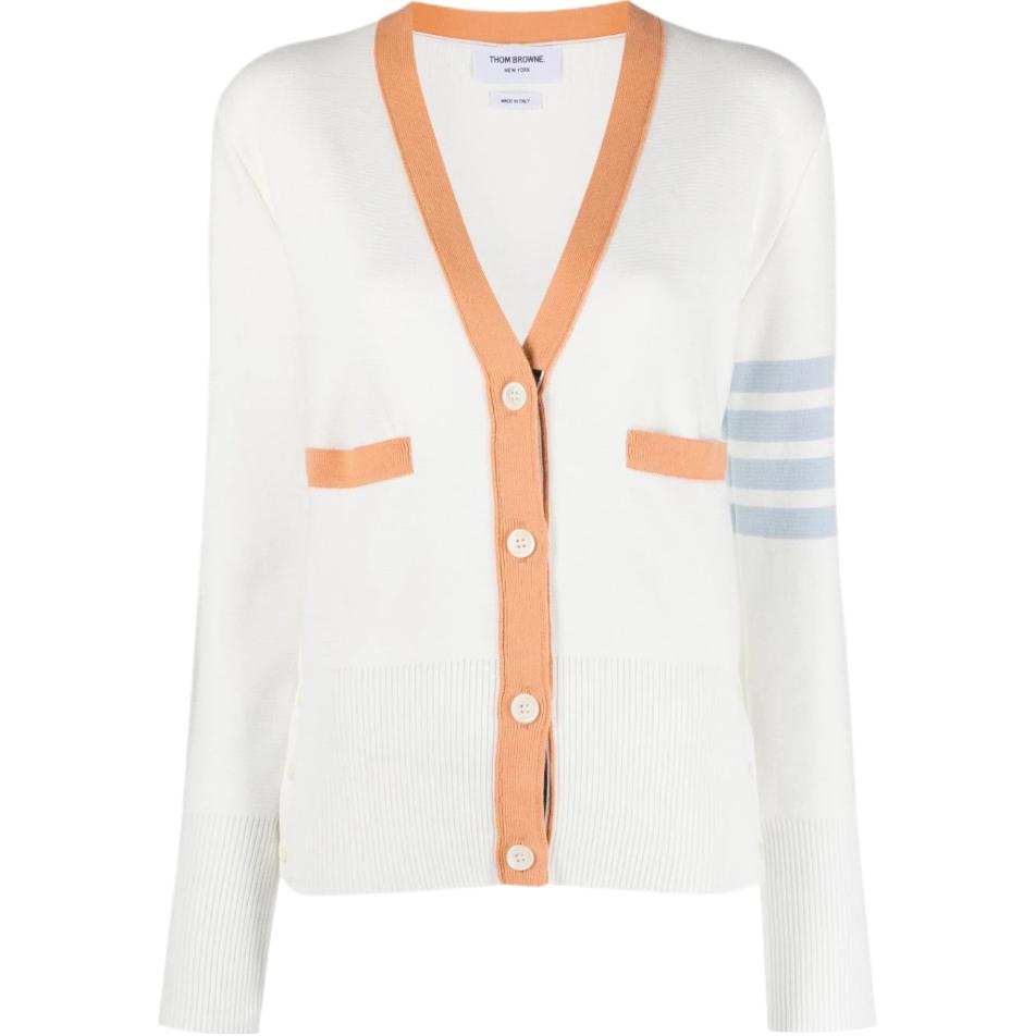 

Полосатый кардиган с V-образным вырезом на 4 пуговицах THOM BROWNE, белый