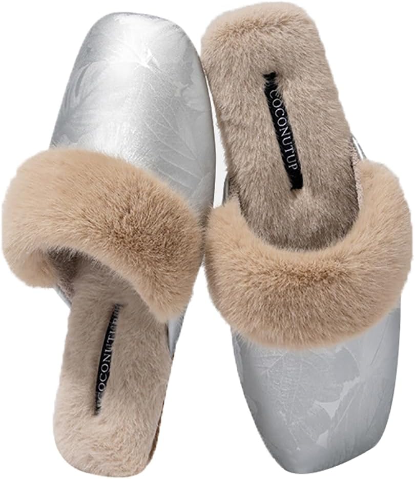 

Меховые тапочки на флисовой подкладке для женщин и мужчин. Роскошные теплые зимние тапочки с меховой отделкой. Элегантные домашние тапочки Yafirgeer, серебро