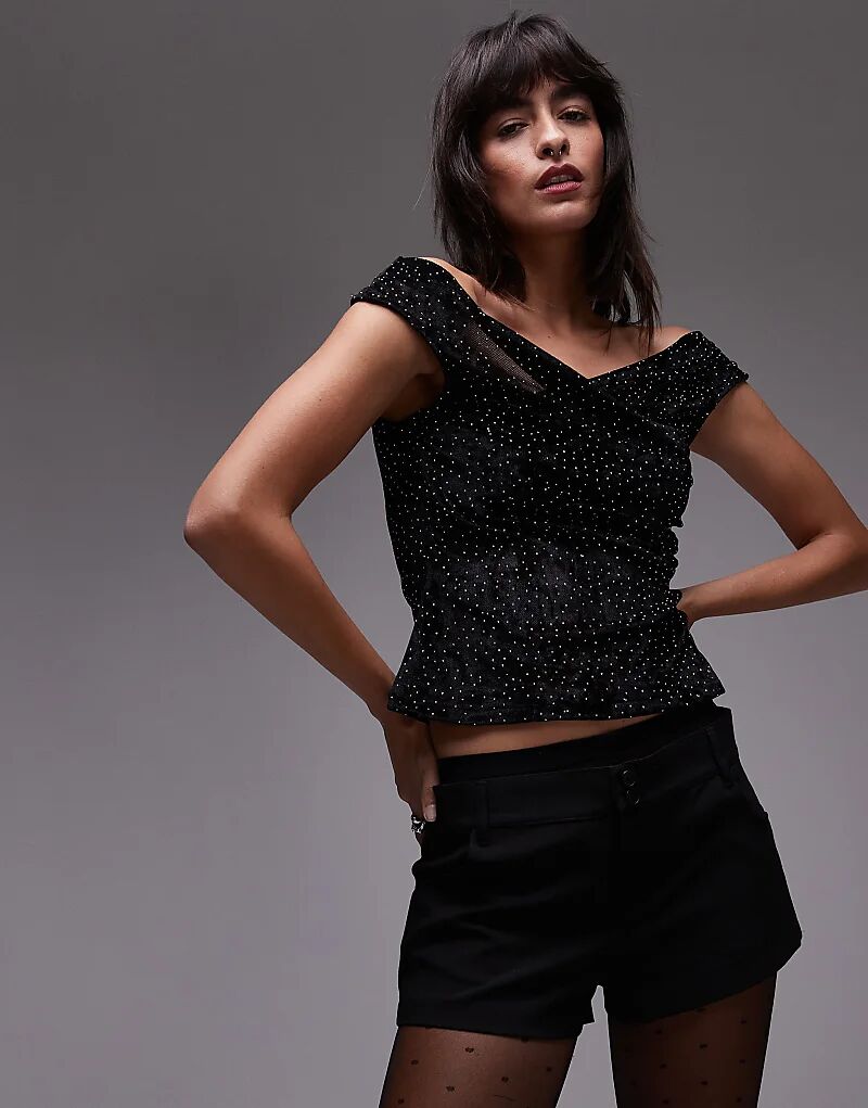 

Бархатный топ с открытыми плечами черного цвета Mango