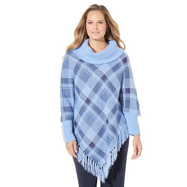 

Женский пончо с бахромой плюс сайз Catherines, French Blue Plaid