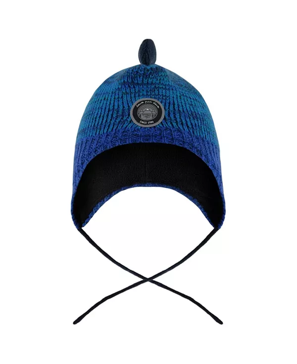 

Детская зимняя вязаная шапка с подкладкой в перуанском стиле с динозаврами. Deux Par Deux, синий