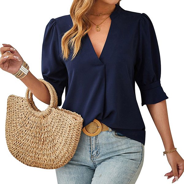 

Женская блузка с коротким рукавом и v-образным вырезом Kojooin, Navy Blue