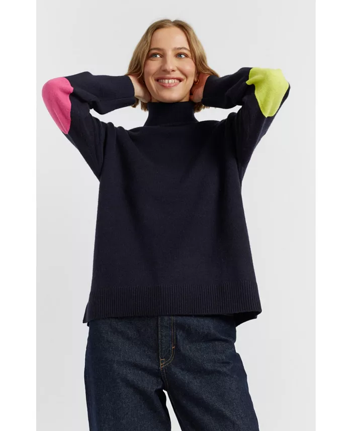 

Женский шерстяной кашемировый свитер с налокотниками и воротником-стойкой Chinti & Parker, синий