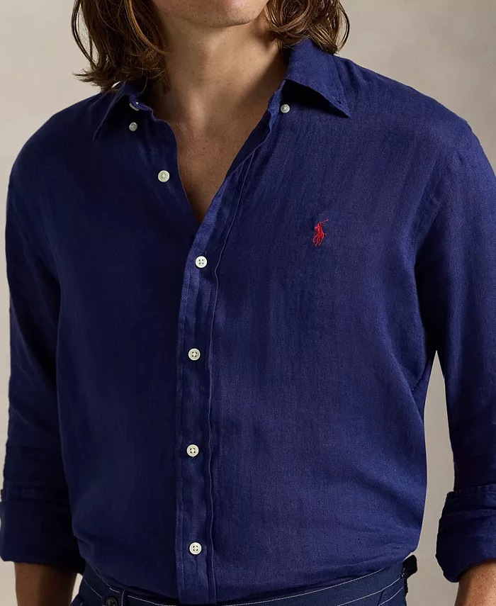Мужская классическая льняная рубашка Polo Ralph Lauren, синий — фото 3