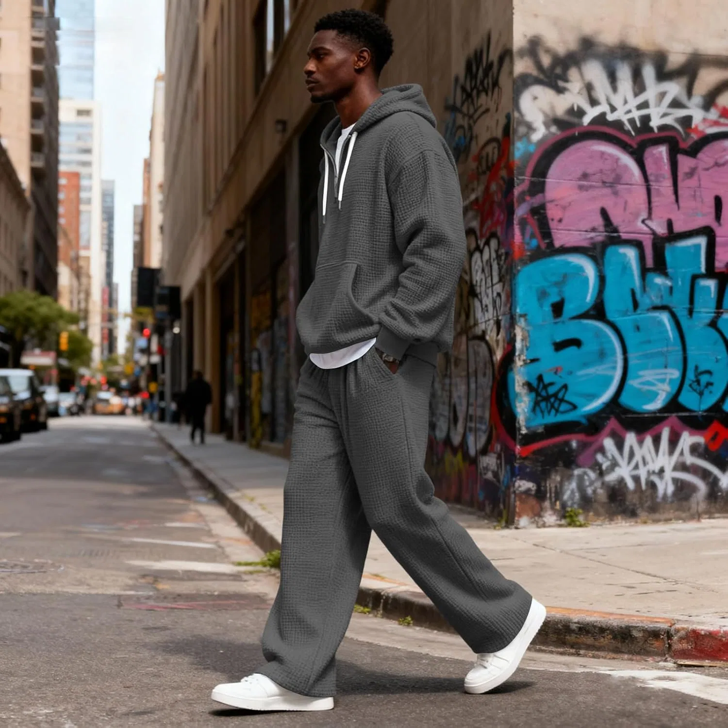 Спортивный костюм из вафельной ткани, мужской, чёрный — фото 3