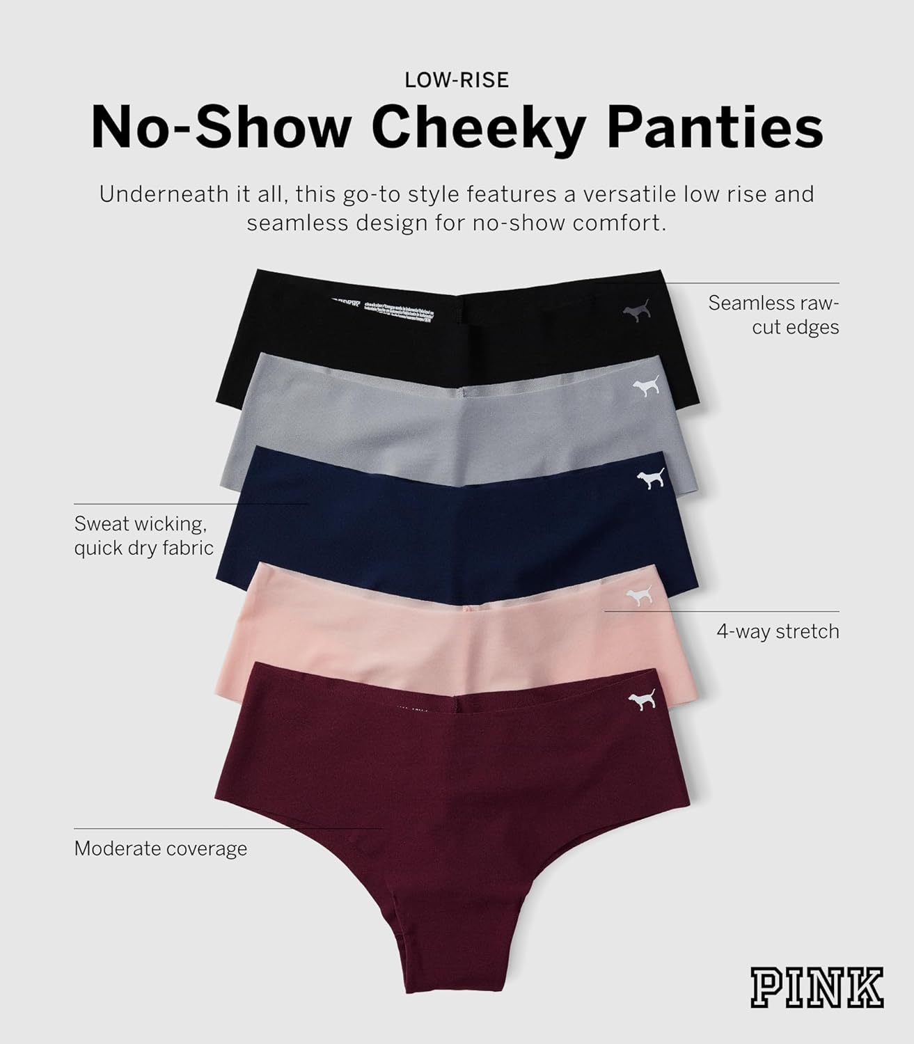Набор трусиков-брифов Victoria's Secret PINK No Show Cheekster, нижнее белье для женщин (XS-XXL), Light Pink Pack — фото 4