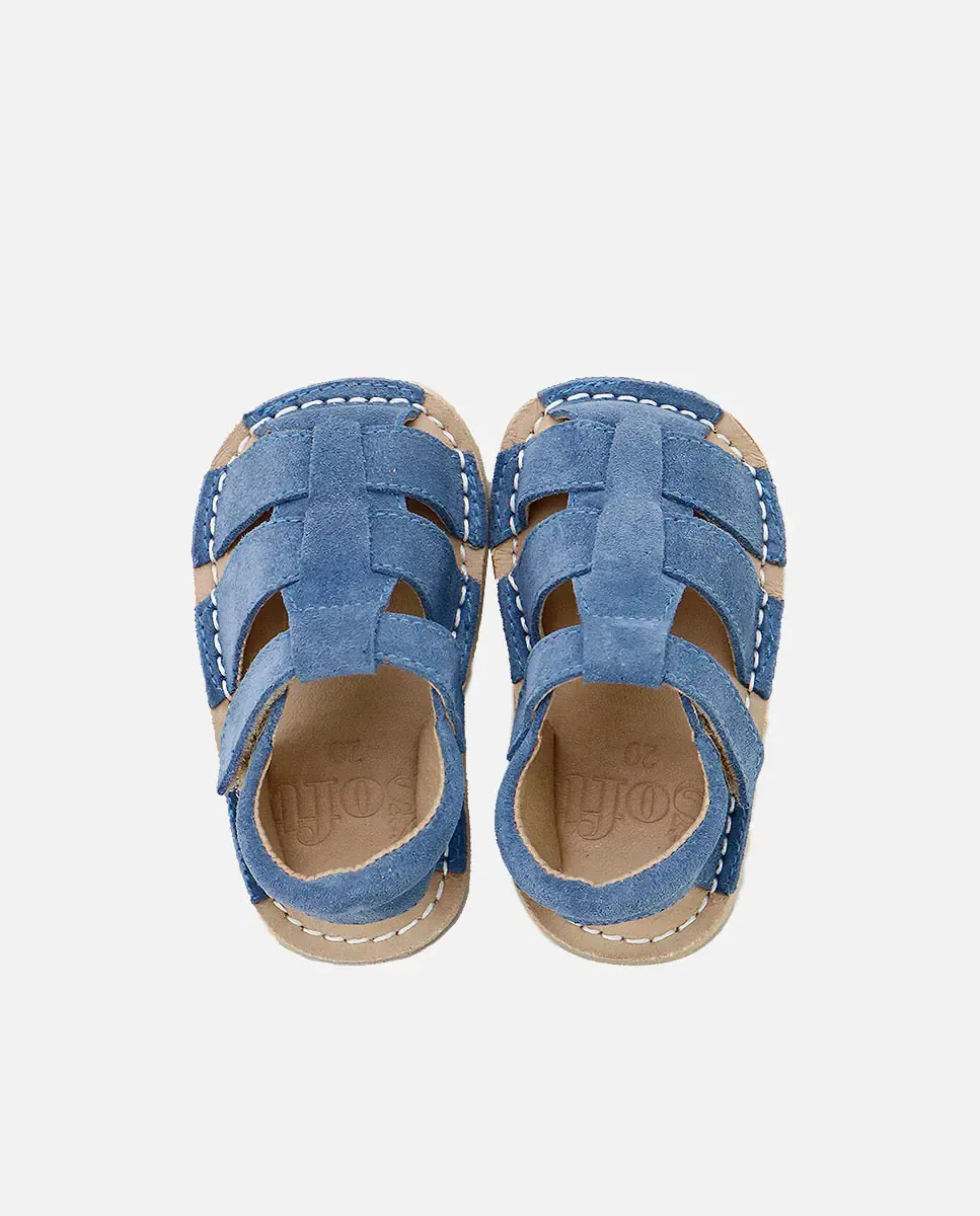 Детские босоножки-крабики barefoot из кожи с застежкой-липучкой Eli 1957, синий — фото 4