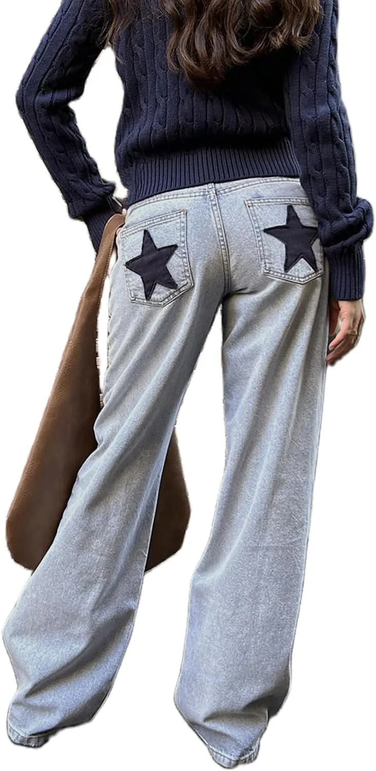 

Franhais женские джинсы low waist wide leg с пачворк-звездами и пентаграммой