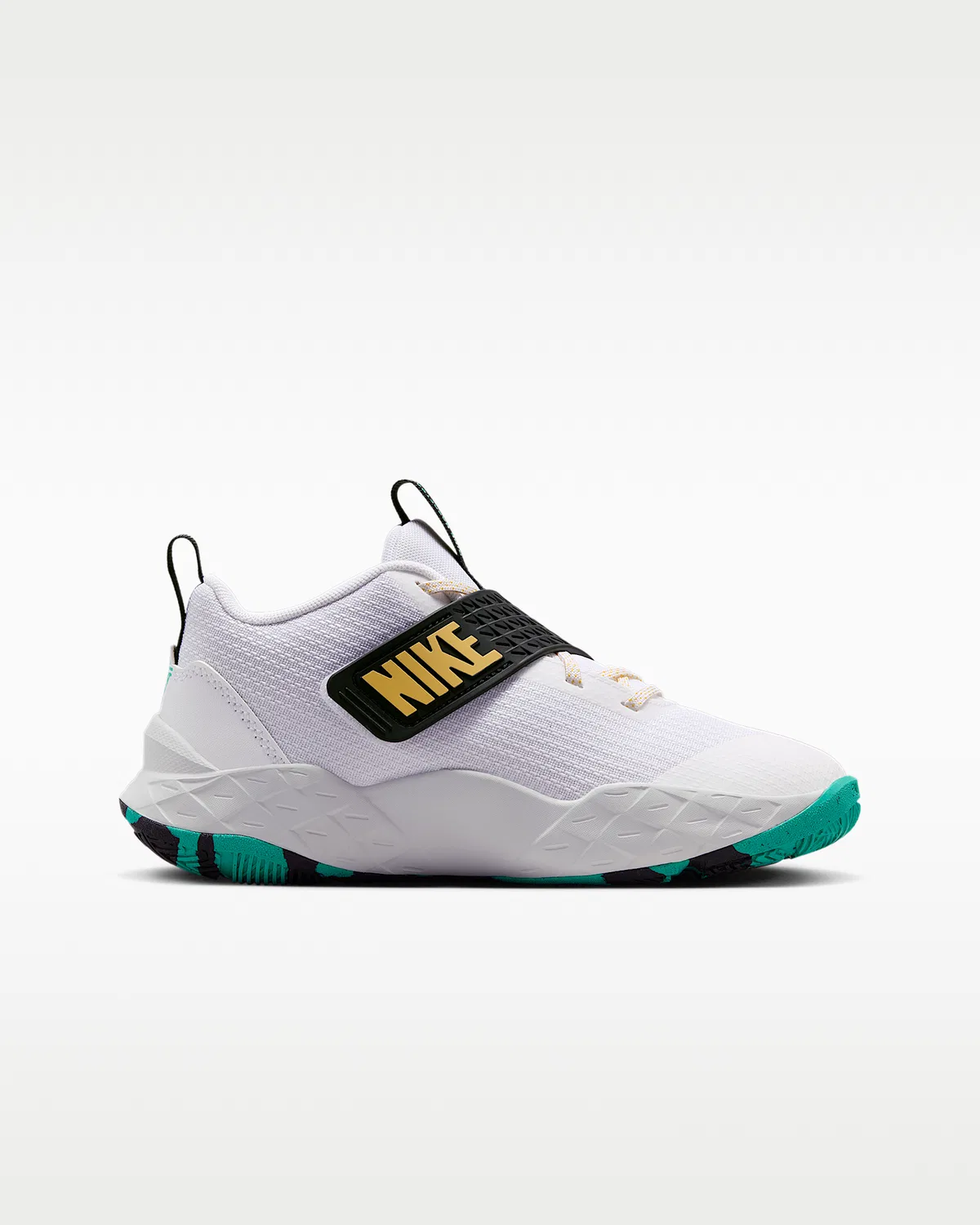 Детские баскетбольные кроссовки Nike Team Hustle D 12, White/Black/Clear Emerald/Topaz Gold — фото 3