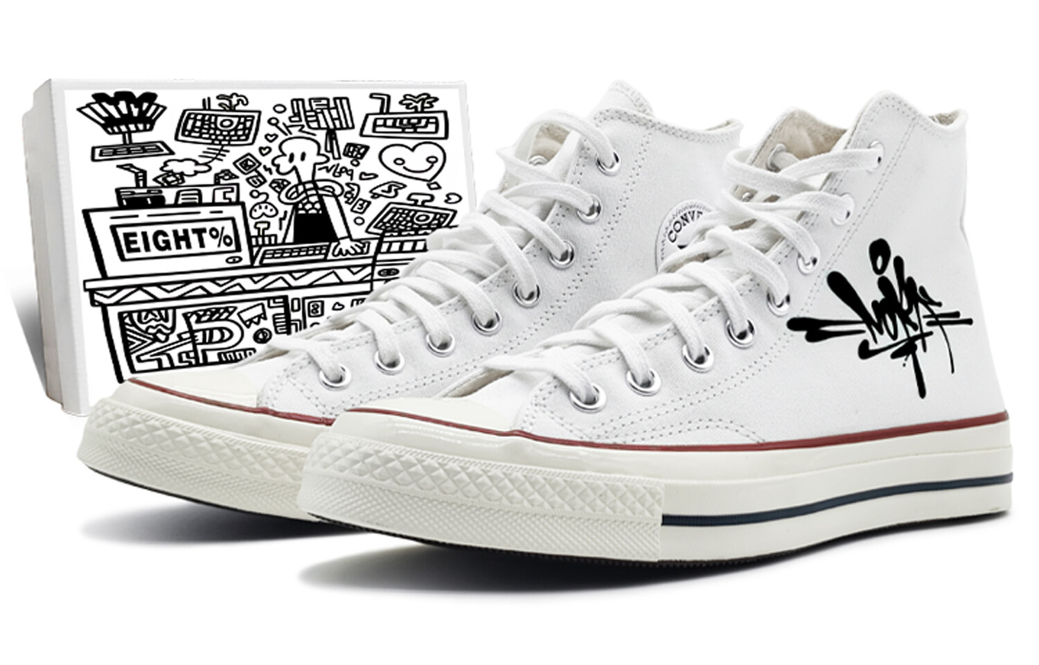 

1970-е годы. Кеды унисекс с высоким берцем, белые/черные/красные. Converse